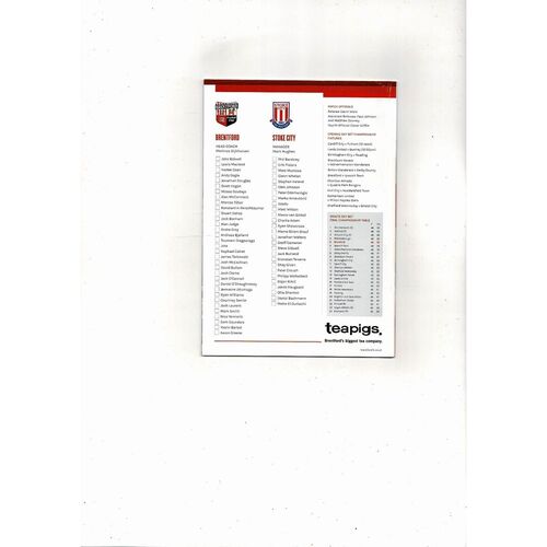 Brentford v Stoke City Friendly Football Programme 2015/16
