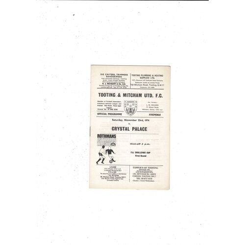 Tooting & Mitcham v Crystal Palace FA Cup Football Programme 1974/75