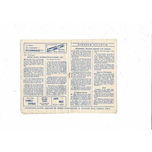 1954/55 Bolton Wanderers v Aston Villa Football Programme