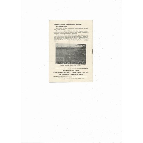 1960 England v Wales Schools International Football Programme @ West Ham United