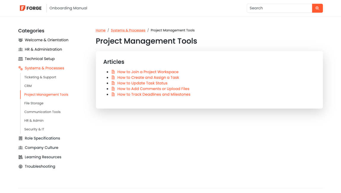 Screenshot showing Webfactory Knowledge Base onboarding manual showing clear article titles