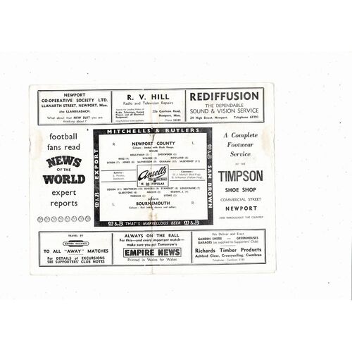 1958/59 Newport County v Bournemouth Football Programme