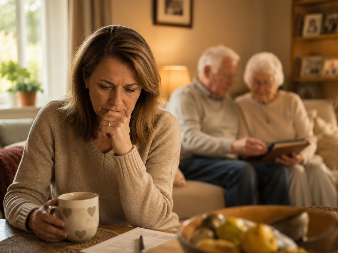A worried daughter sits quietly with a cup of tea while her elderly parents sit in the background, reflecting the hidden stress of caring from a distance.