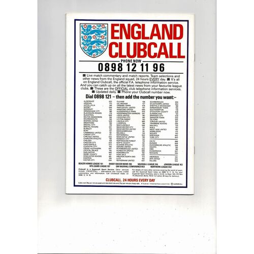 1989 England v Yugoslavia Football Programme