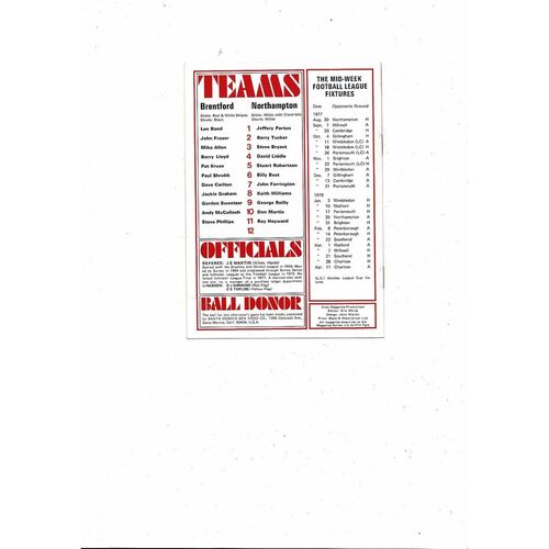 1977/78 Brentford v Northampton Town Football Programme