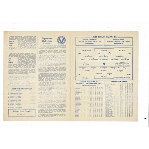 1955/56 Leyton Orient v Queens Park Rangers Football Programme