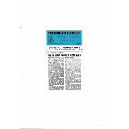 Tottenham Hotspur v West Ham United Football Combination Programme 1969/70