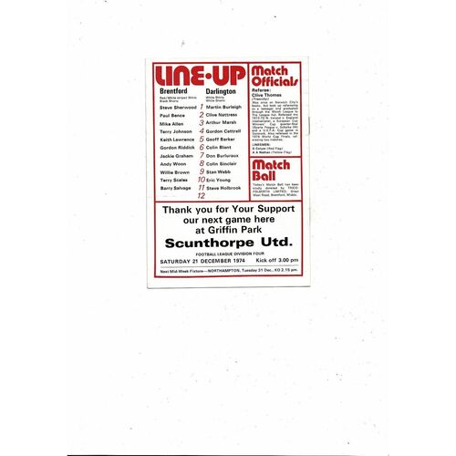 1974/75 Brentford v Darlington Football Programme