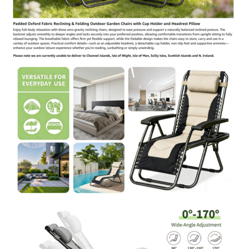 mcc direct Zero Gravity Chair Set of 2 – Padded Oxford Fabric Reclining & Folding Outdoor Garden Chairs with Cup Holder and Headrest Pillow –  OXFORD