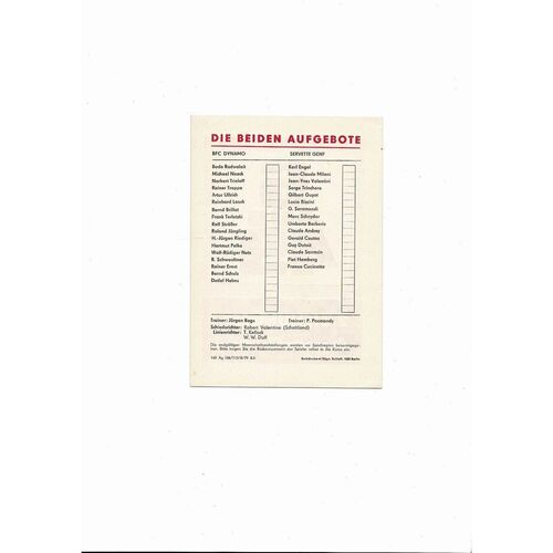 Dynamo Berlin v Servette Geneva European Cup Football Programme 1979/80