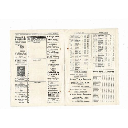 1955/56 Luton Town v Chelsea Football Programme