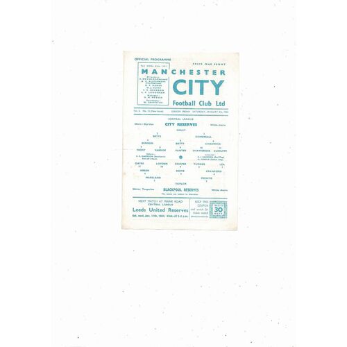 Manchester City v Blackpool Central League Football Programme 1963/64