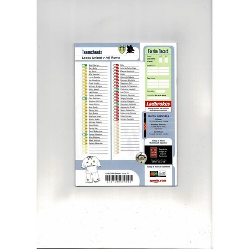 Leeds United v AS Roma UEFA Cup Football Programme 1999/00