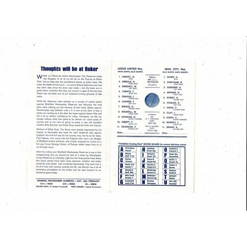 Leeds United v Manchester City Central League Football Programme 1966/67