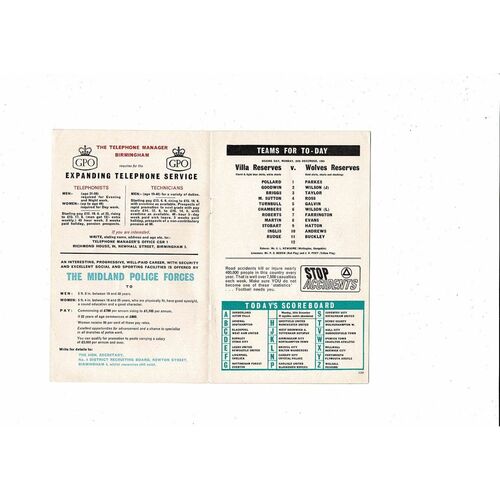 1966/67 Aston Villa v Sunderland & Wolves Reserves Double Football Programme