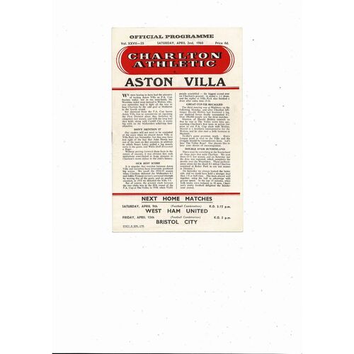1959/60 Charlton Athletic v Aston Villa Football Programme
