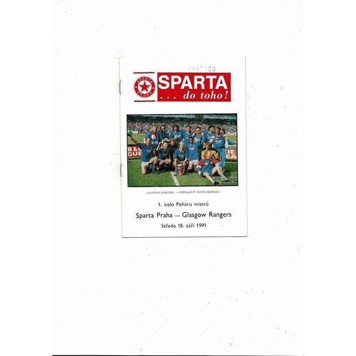 Sparta Prague v Glasgow Rangers European Cup Football Programme 1991/92