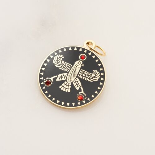 Round Pendant. The Persian Falcon. Black with 3 Red Stone.