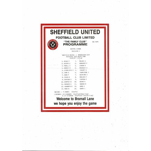 Sheffield United v Manchester City Central League Football Programme 1987/88