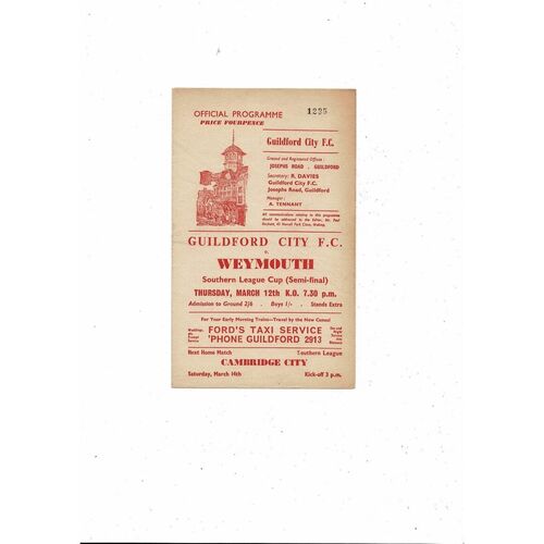 1963/64 Guildford City v Weymouth Southern League Cup Semi Final Programme