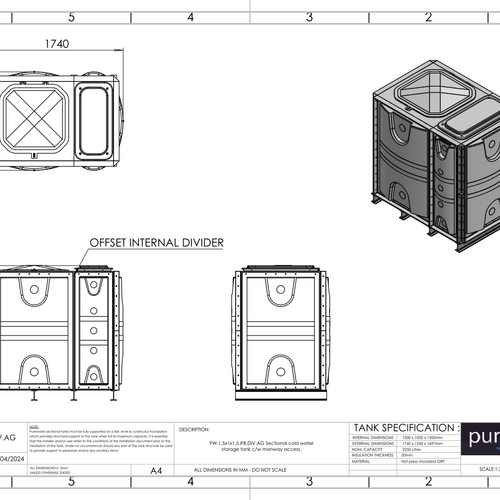 PW.1.5X1X1.5.IFB.DIV.AG(1+0.5) - 2250 LITRE DIVIDED SECTIONAL WATER TANK, INTERNALLY FLANGED BASE (IFB)