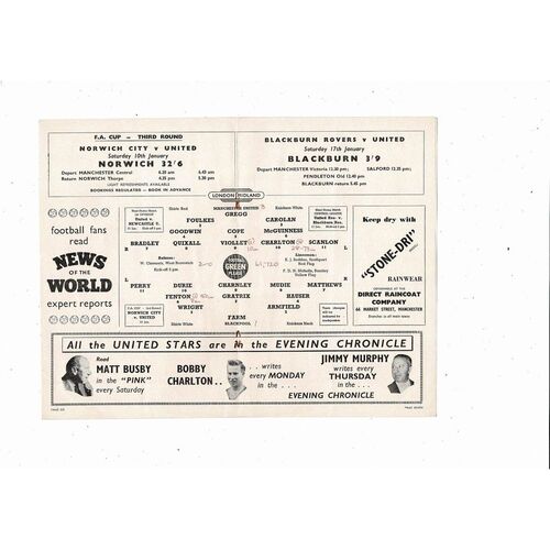 1958/59 Manchester United v Blackpool Football Programme