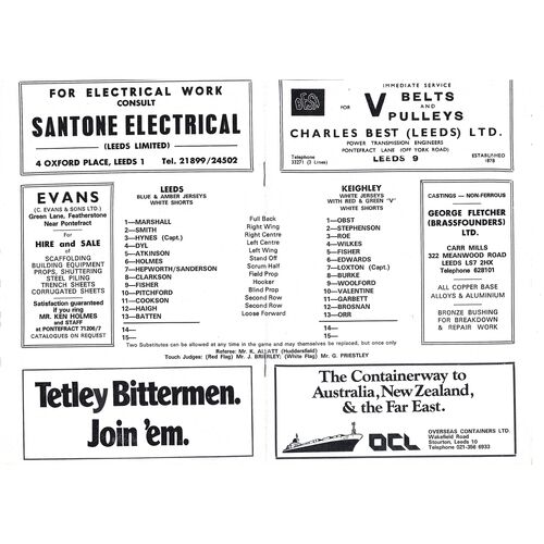 1974/75 Leeds v Keighley (21/12/1974) Rugby League Programme