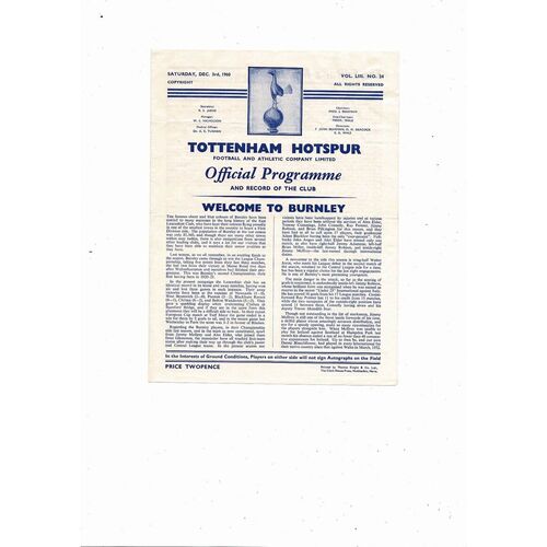 1960/61 Tottenham Hotspur v Burnley Football Programme - Spurs Double Season