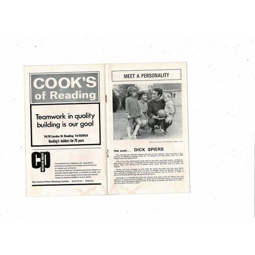 Reading v West Ham United Dick Spiers Testimonial Football Programme 1969/70