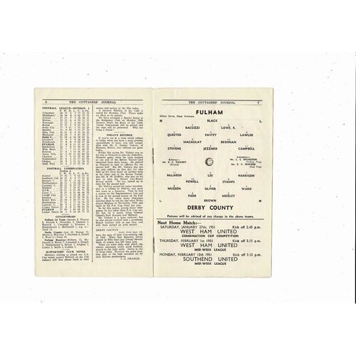 1950/51 Fulham v Derby County Football Programme