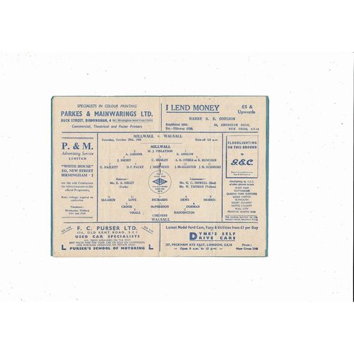 1955/56 Millwall v Walsall Football Programme