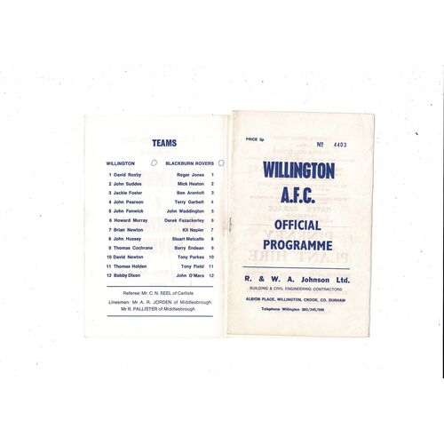 Willington v Blackburn Rovers FA Cup Football Programme 1973/74