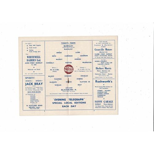 1959/60 Burnley v Blackburn Rovers Football Programme Burnley Championship Season