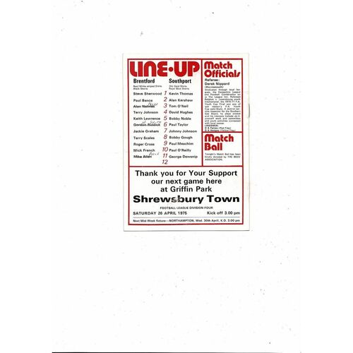 1974/75 Brentford v Southport Football Programme