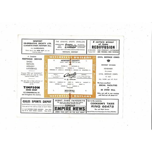 1954/55 Newport County v Millwall Football Programme