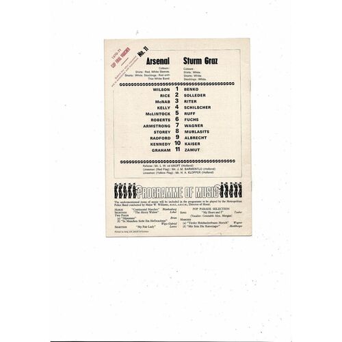 Arsenal v Strum Graz Fairs Cup Football Programme 1970/71