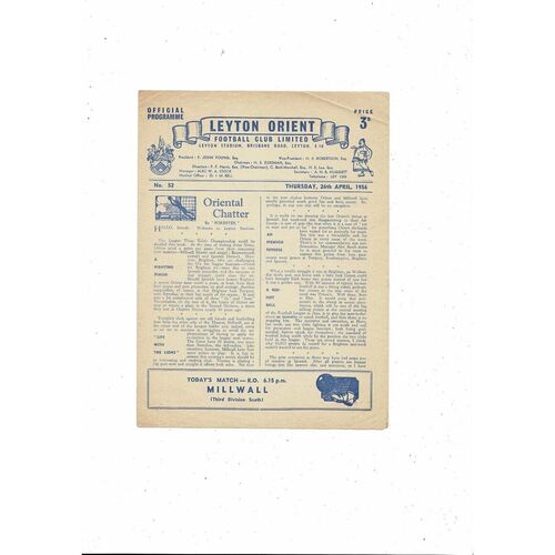 1955/56 Leyton Orient v Millwall Football Programme