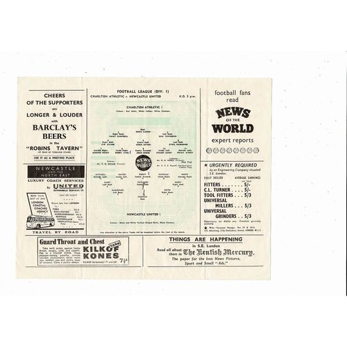 1956/57 Charlton Athletic v Newcastle United Football Programme