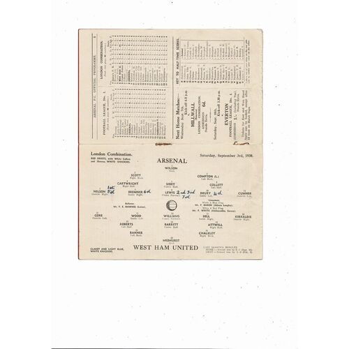 1938/39 Arsenal v West Ham United Football Combination Programme
