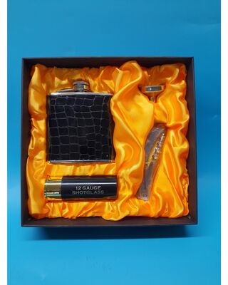 Hip flask, shot glass, knife and funnel set