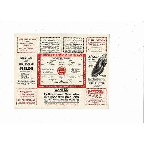 1958/59 Doncaster Rovers v Bradford City Football Programme
