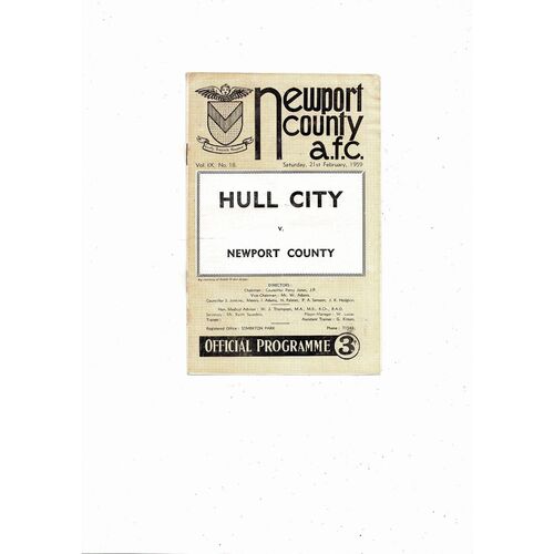 1958/59 Newport County v Hull City Football Programme