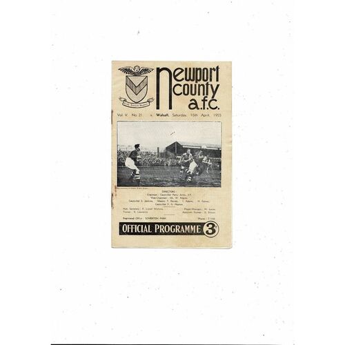 1954/55 Newport County v Walsall Football Programme