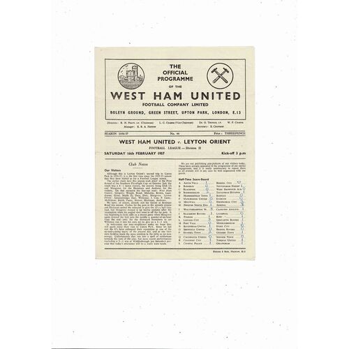 1956/57 West Ham United v Leyton Orient Football Programme