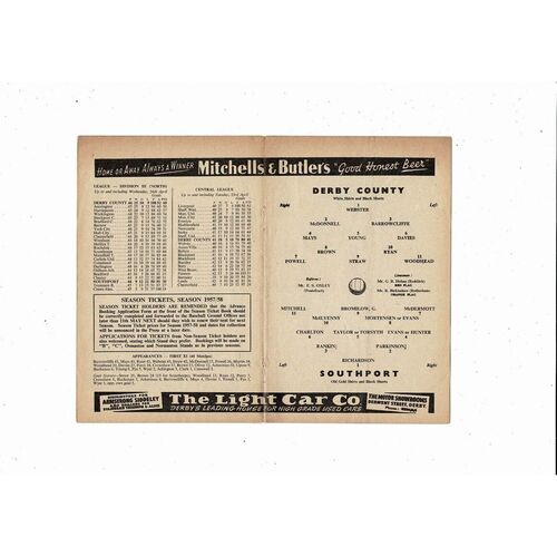 1956/57 Derby County v Southport Football Programme