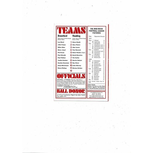 1977/78 Brentford v Reading Football Programme