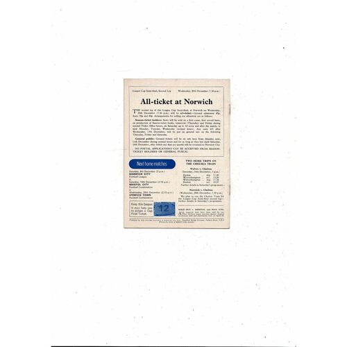 1972/73 Chelsea v Norwich City League Cup Semi Final Football Programme