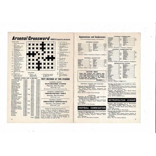 1968/69 Arsenal v West Bromwich Albion Football Programme