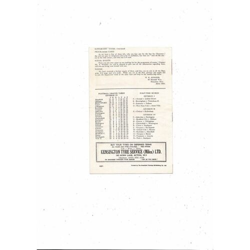 1962/63 Brentford v Doncaster Rovers Football Programme