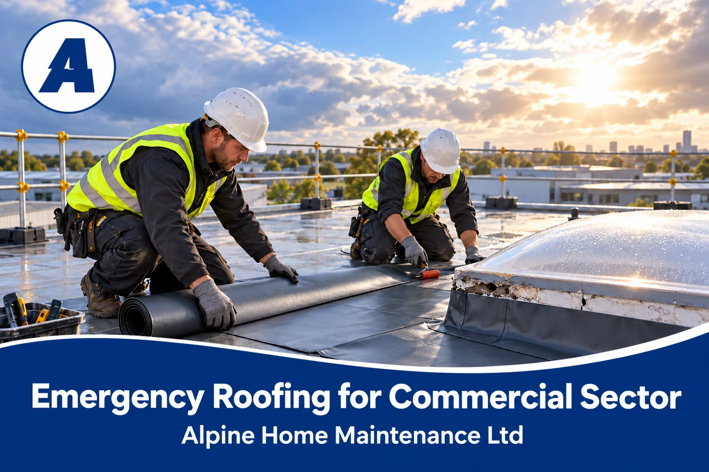 Alpine emergency commercial roofing illustration showing roofers weatherproofing a rooflight surround